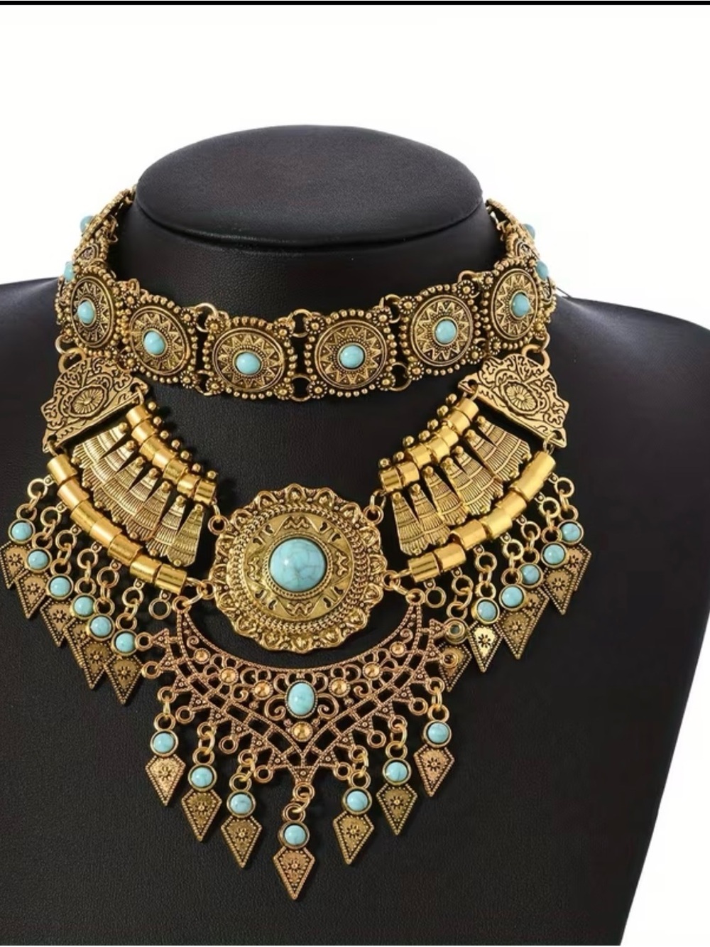 ❤‍🔥HOST PICK ❤‍🔥Ancient Gold-Tone Turquoise Statement Necklace Set